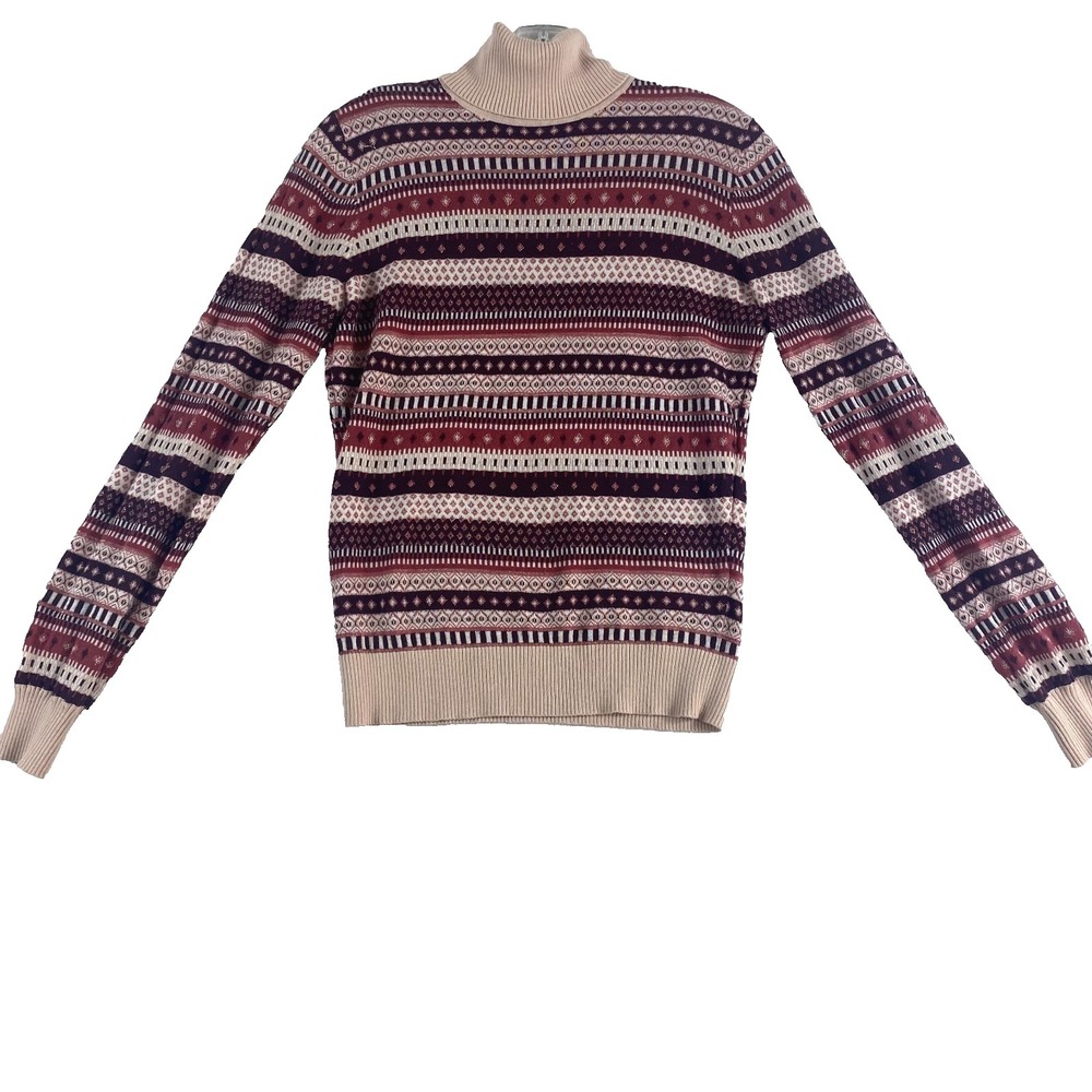 2/$30 Ann Taylor Knit Top S Pink Red Fair Isle Cotton Blend Turtleneck Office